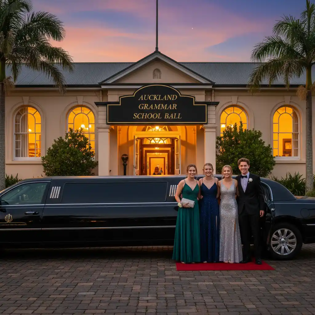 School ball attendees exiting a luxurious limousine in Auckland