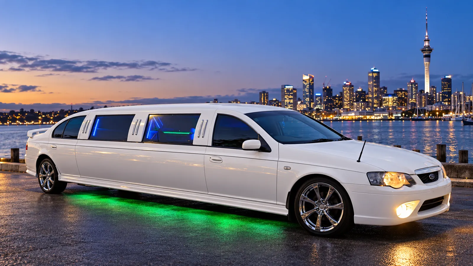White Ford Falcon stretch limo on the Auckland waterfront at dusk