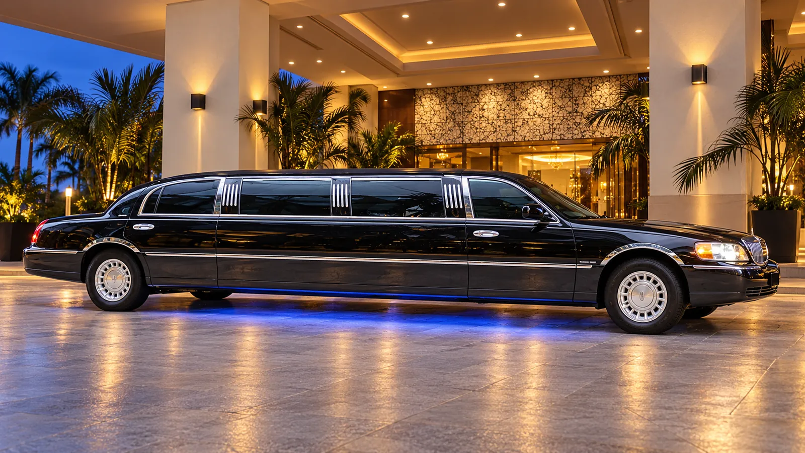 Black Lincoln stretch limo at an Auckland hotel entrance at night