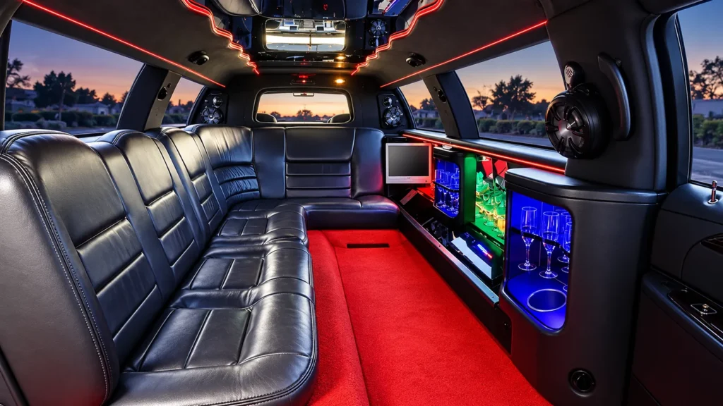 Stretch limo interior with leather lounge seating, bar and LED lighting