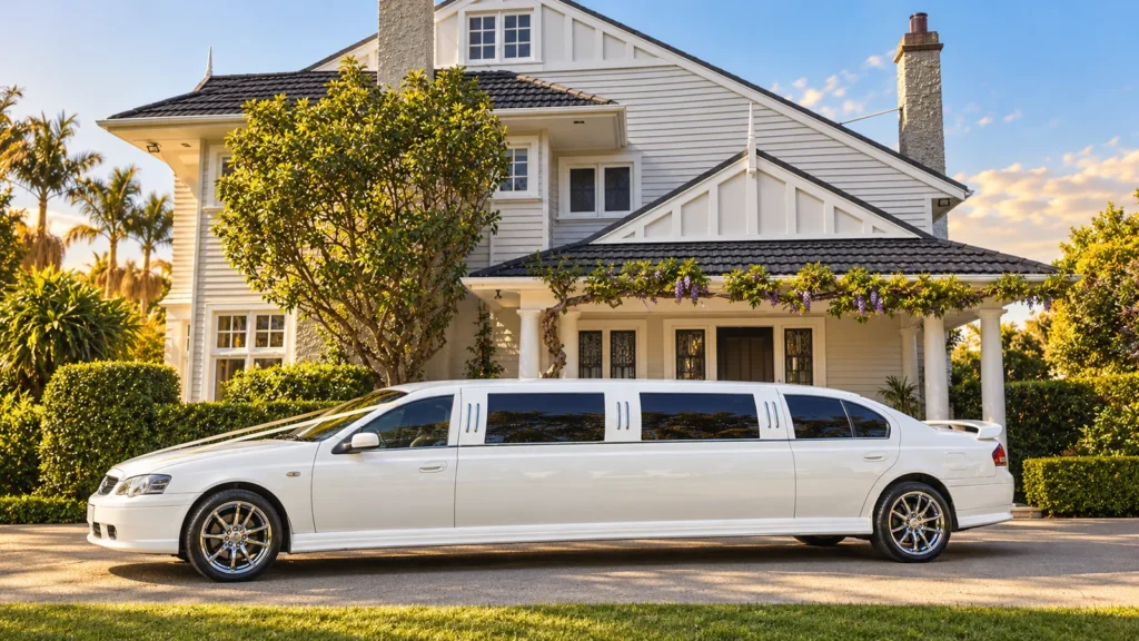 White Ford Falcon wedding limo outside an Auckland villa