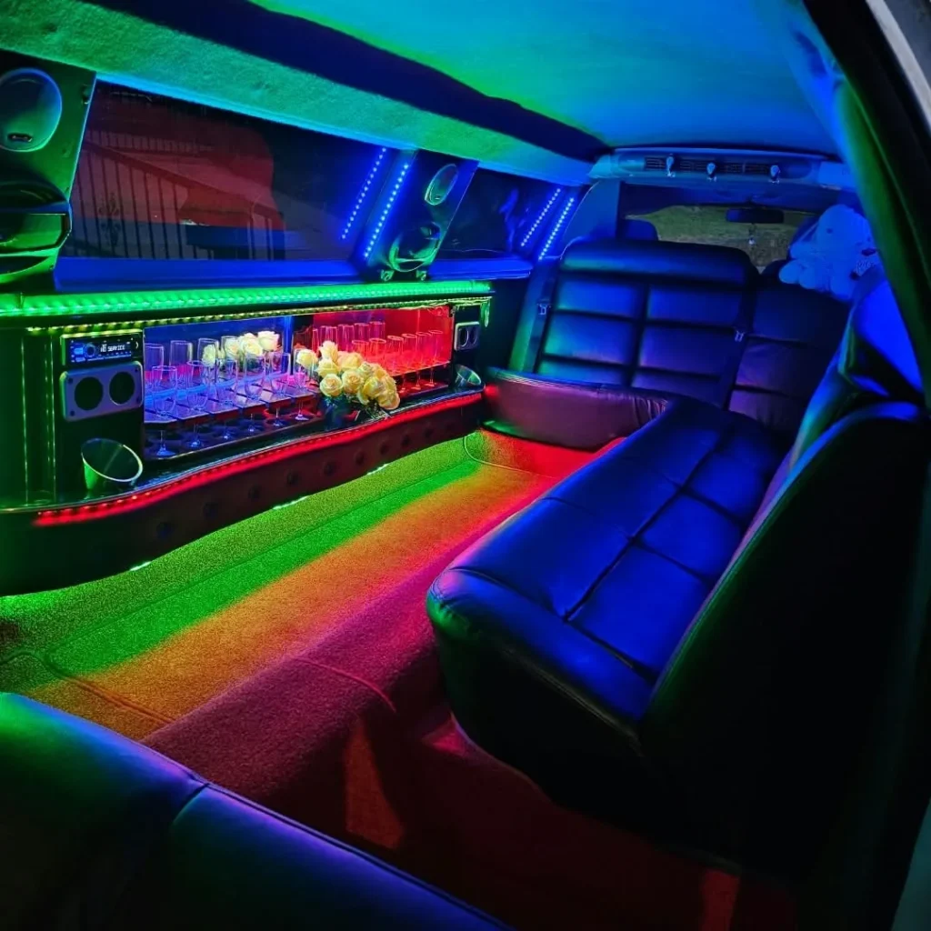 Limo interior with LED bar, glasses and leather seating