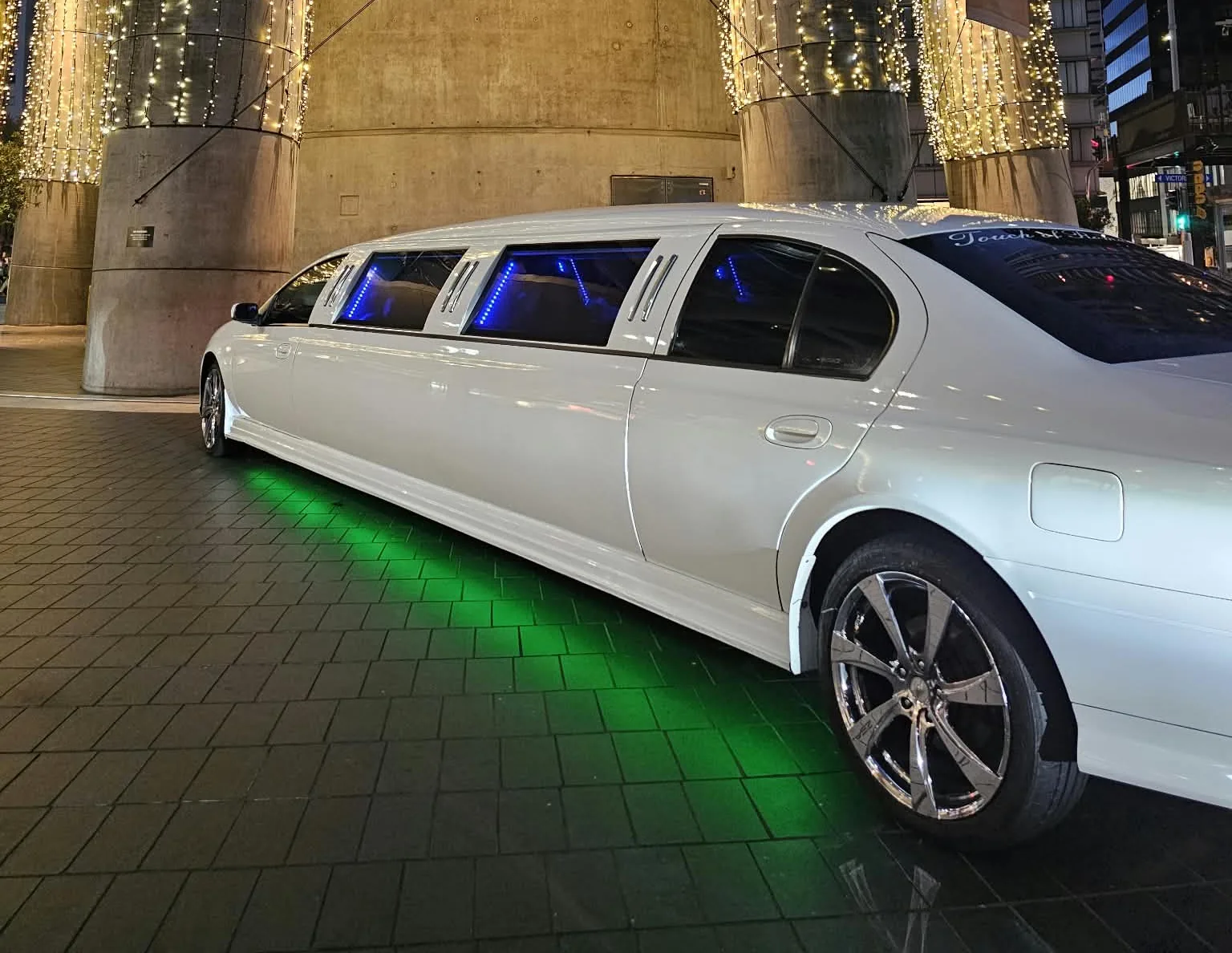 White stretch limo outside SkyCity, Auckland CBD