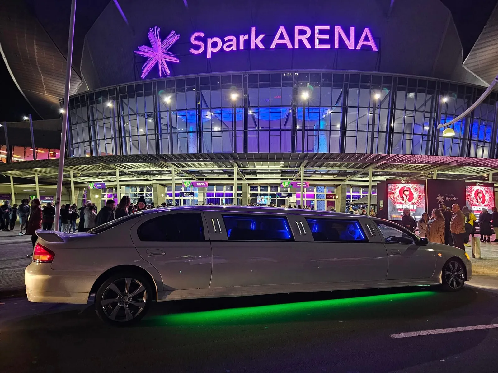 White stretch limo outside Spark Arena, Auckland, for a concert